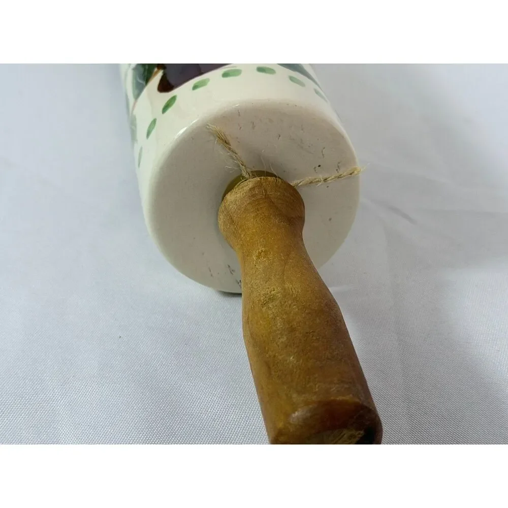 VTG Stoneware Cherry Red Rolling Pin Wood Handles Country Kitchen Orchard